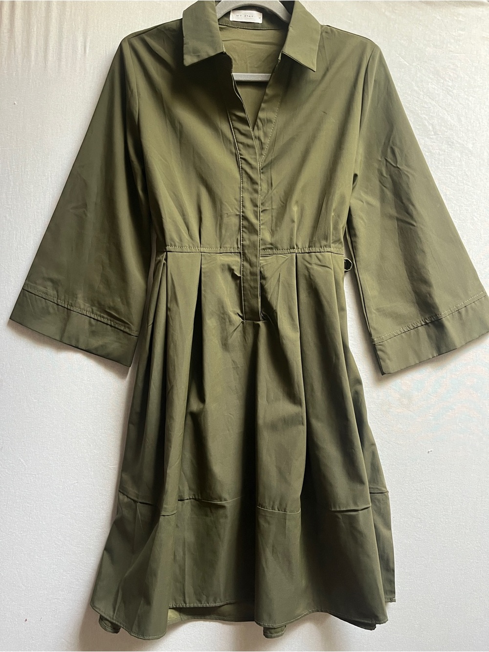 My Star Olive Green Collared Fit & Flare Belted Midi Dress Womens Sz M